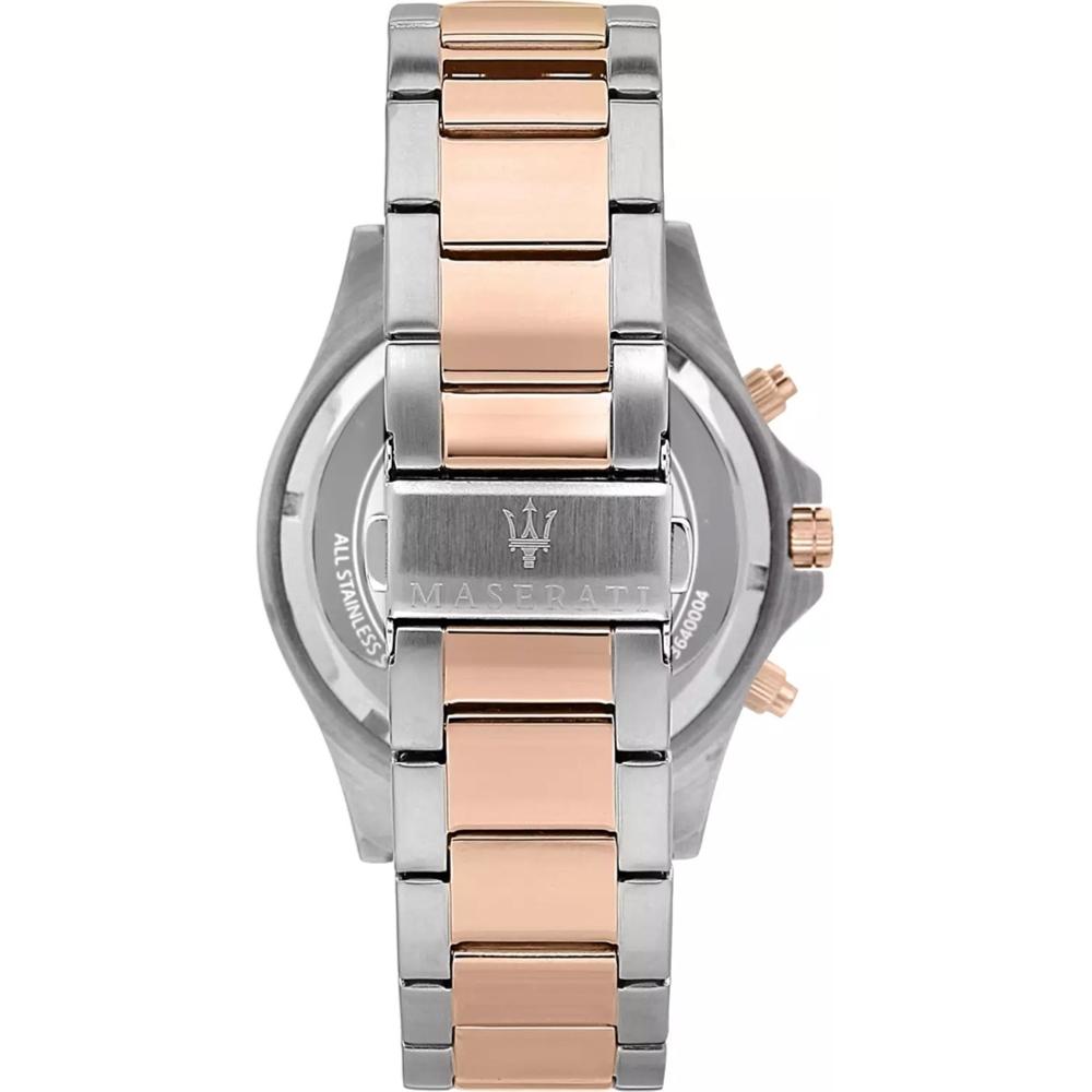 Caseback view of Maserati Sfida watch displaying Maserati trident logo and two-tone bracelet
