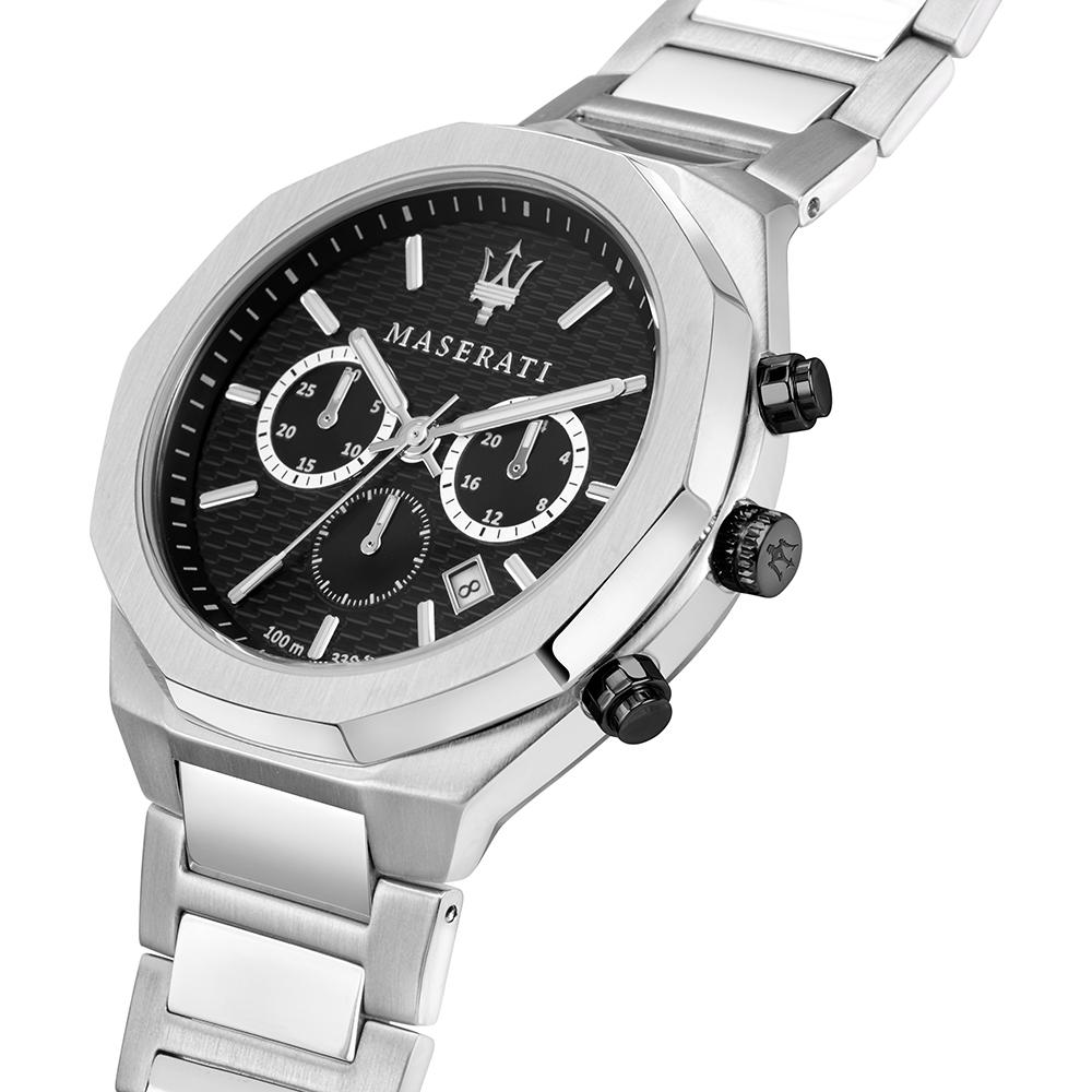 Three-quarter angled view of Maserati Stile chronograph men's watch with black dial and steel bracelet