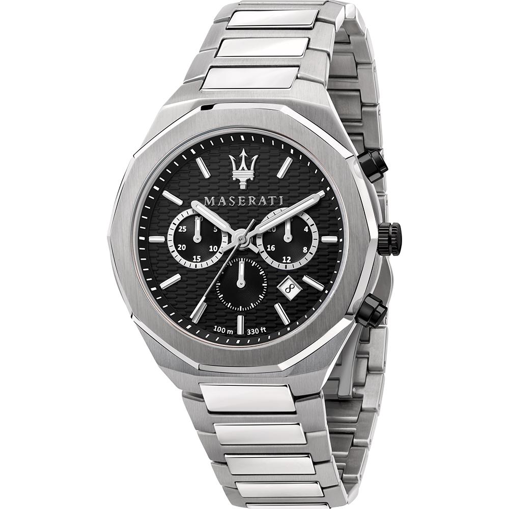 Maserati Stile chronograph watch with black dial, three subdials, and stainless steel bracelet