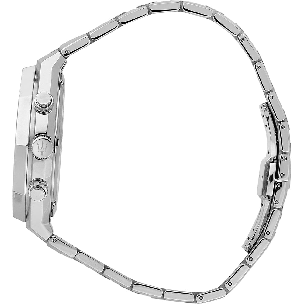 Side view of Maserati Stile Chronograph silver bracelet and case design