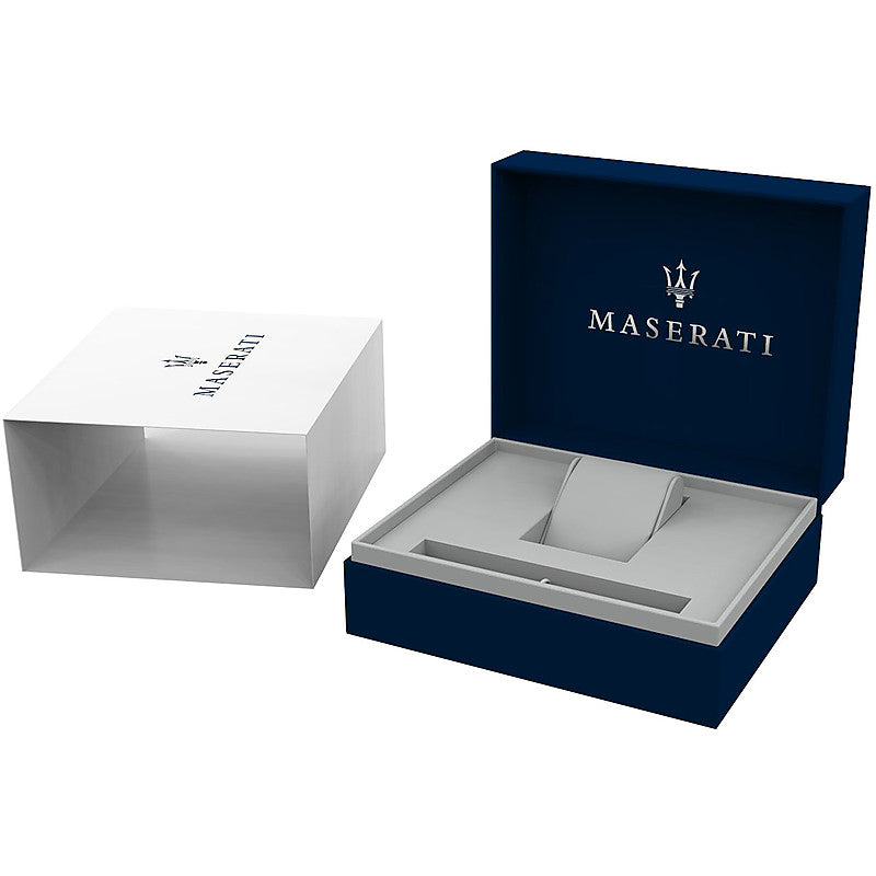 Maserati watch box with navy exterior and Maserati logo, displayed open and closed
