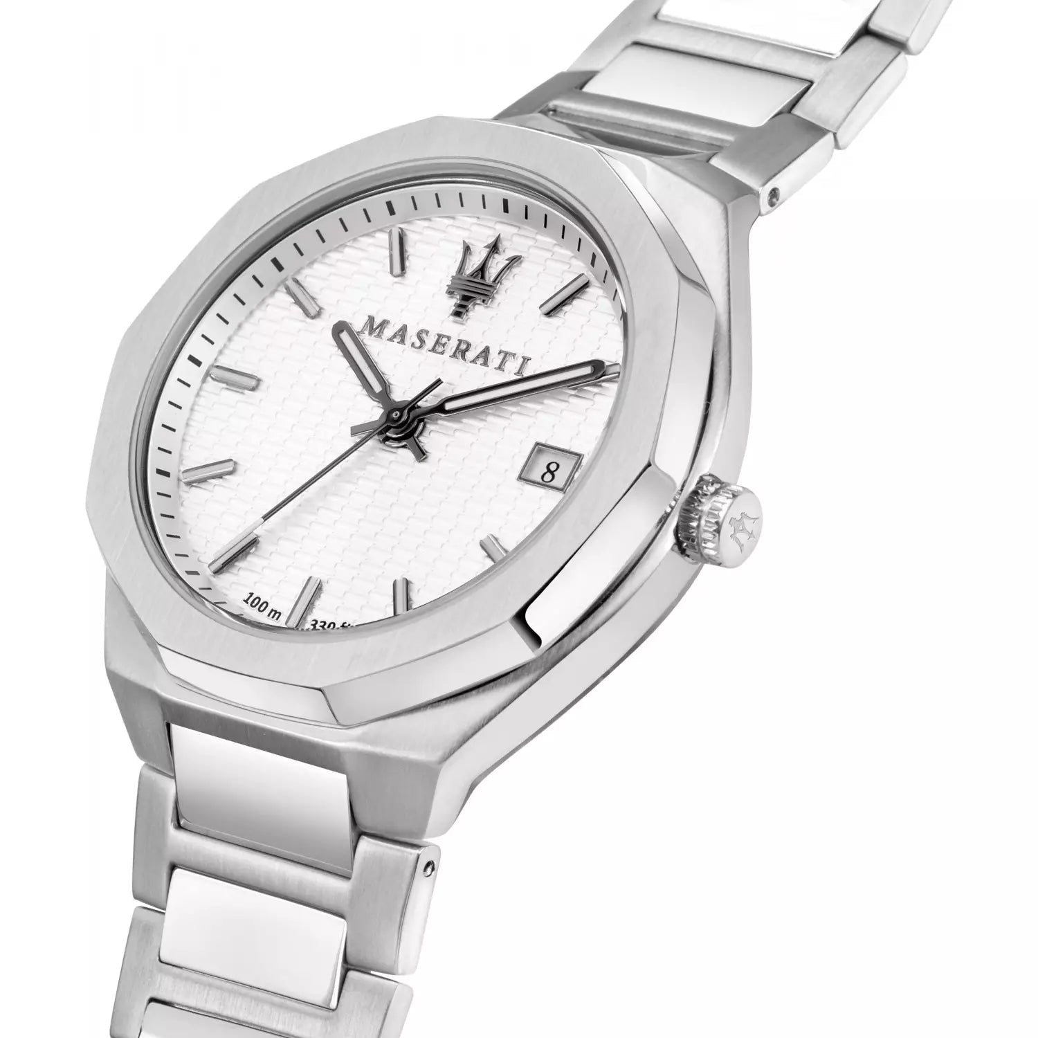 Maserati Stile watch at angle showing white dial and stainless steel bracelet