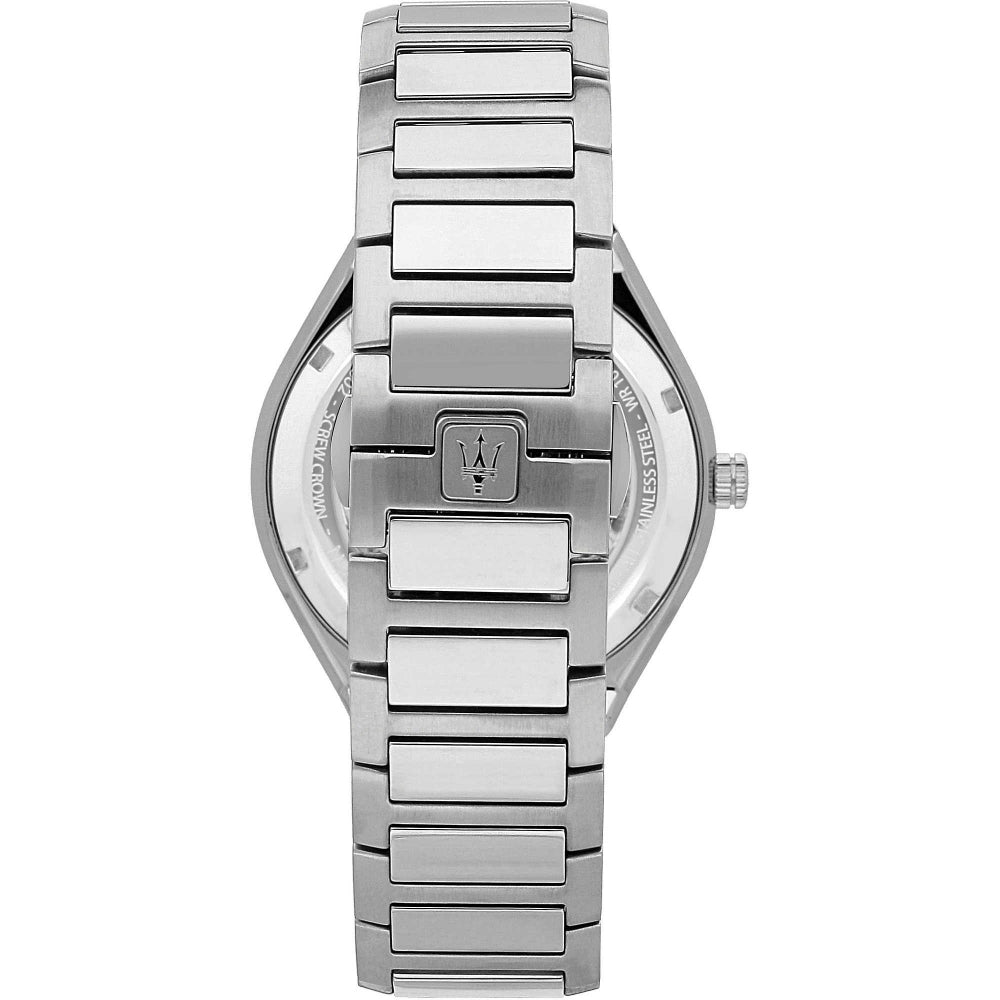Caseback view of Maserati Stile watch with stainless steel bracelet