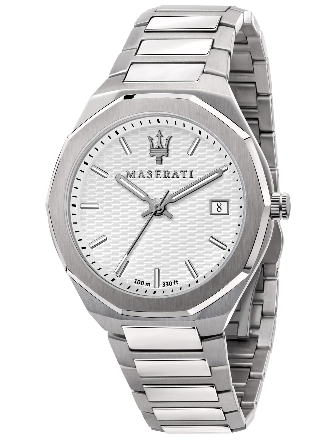Maserati Stile men's watch with white dial, stainless steel case and bracelet