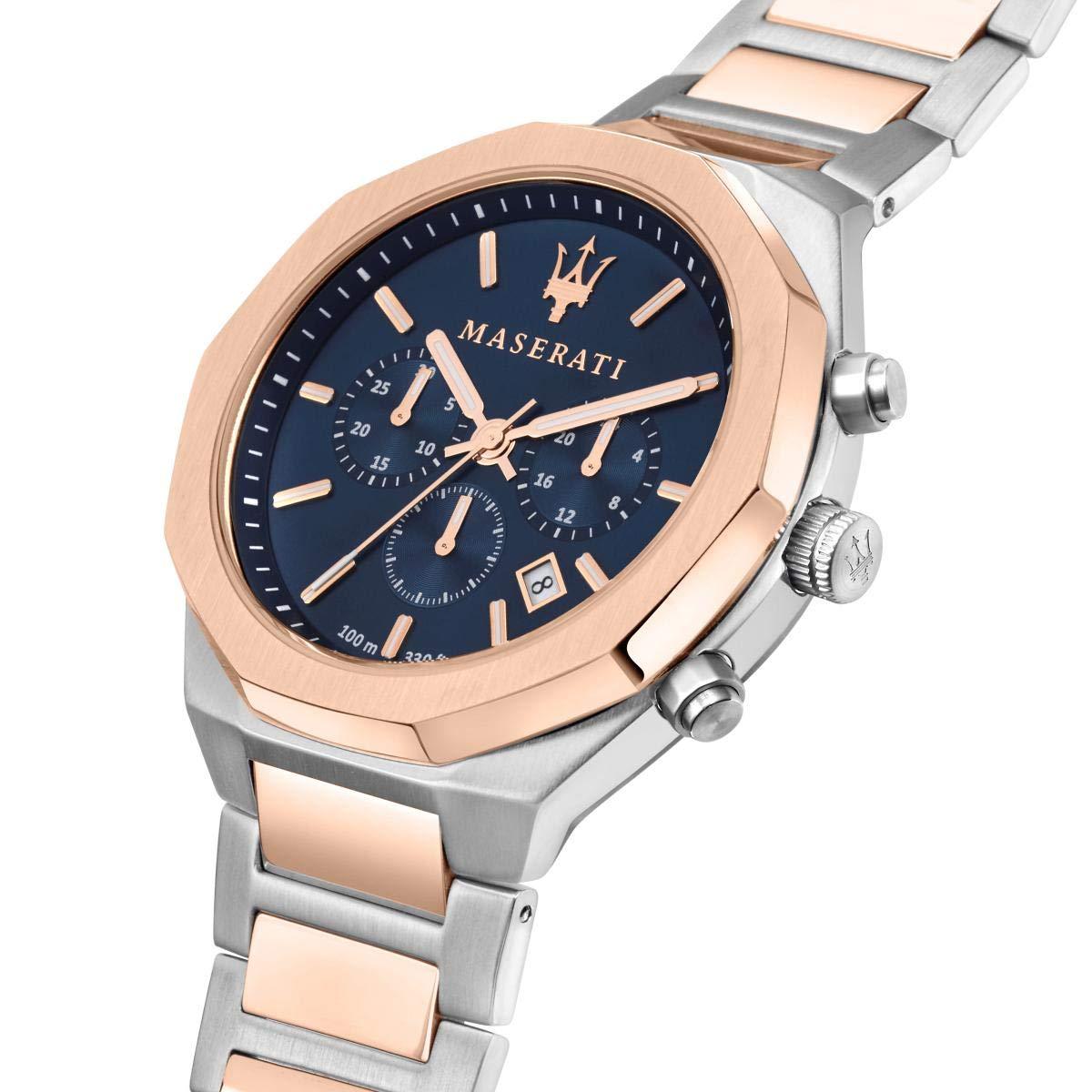 Angled view of Maserati Stile chronograph with blue dial and rose gold/silver two-tone case
