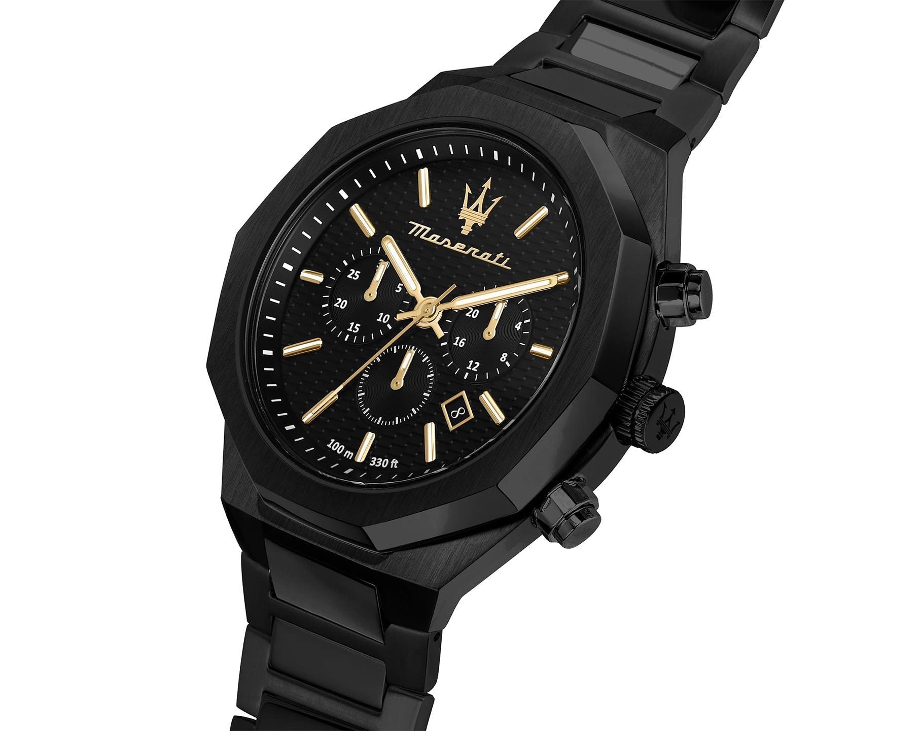 Maserati Stile chronograph watch at angle showing black stainless steel bracelet and case