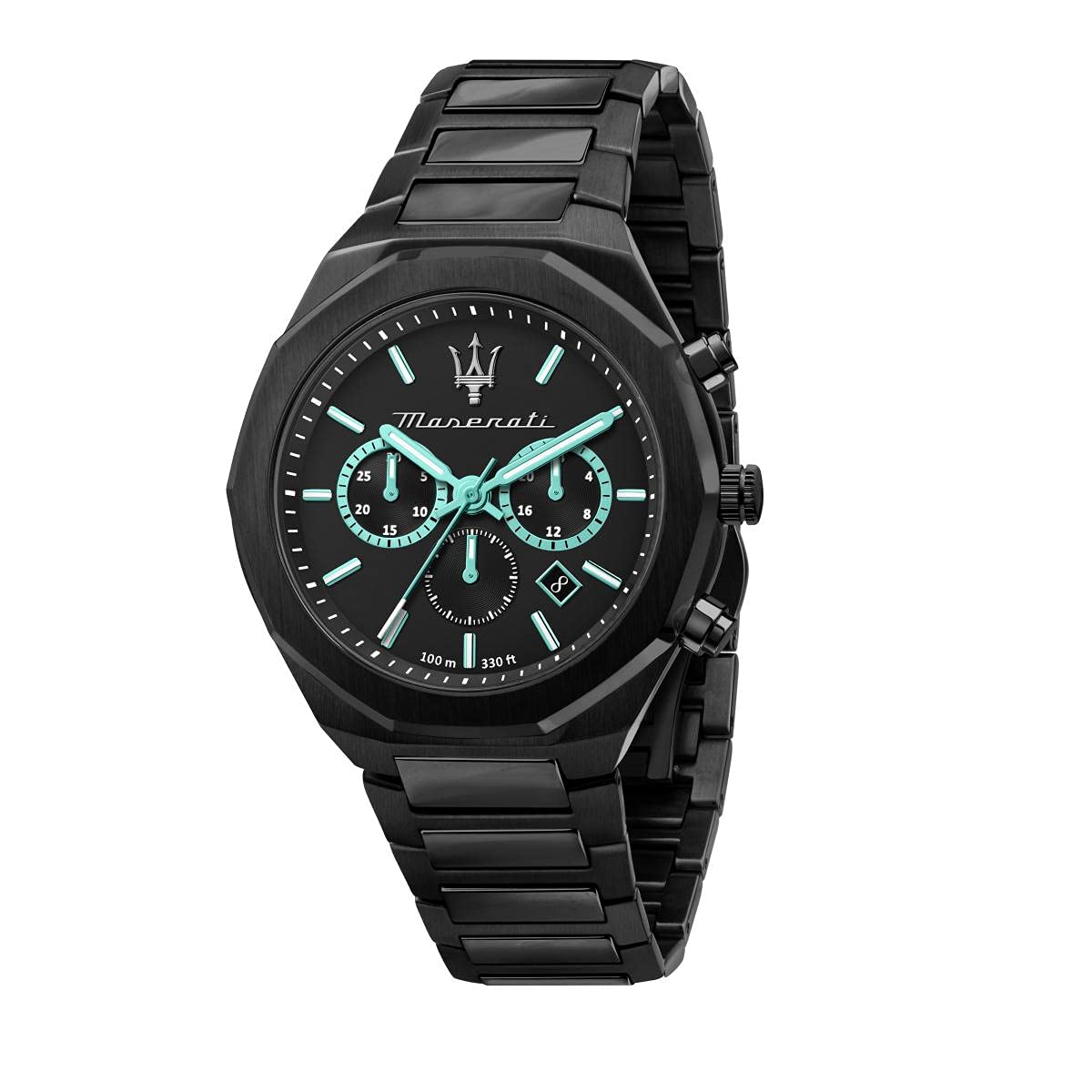 Maserati Stile black dial chronograph watch with turquoise subdials and steel bracelet
