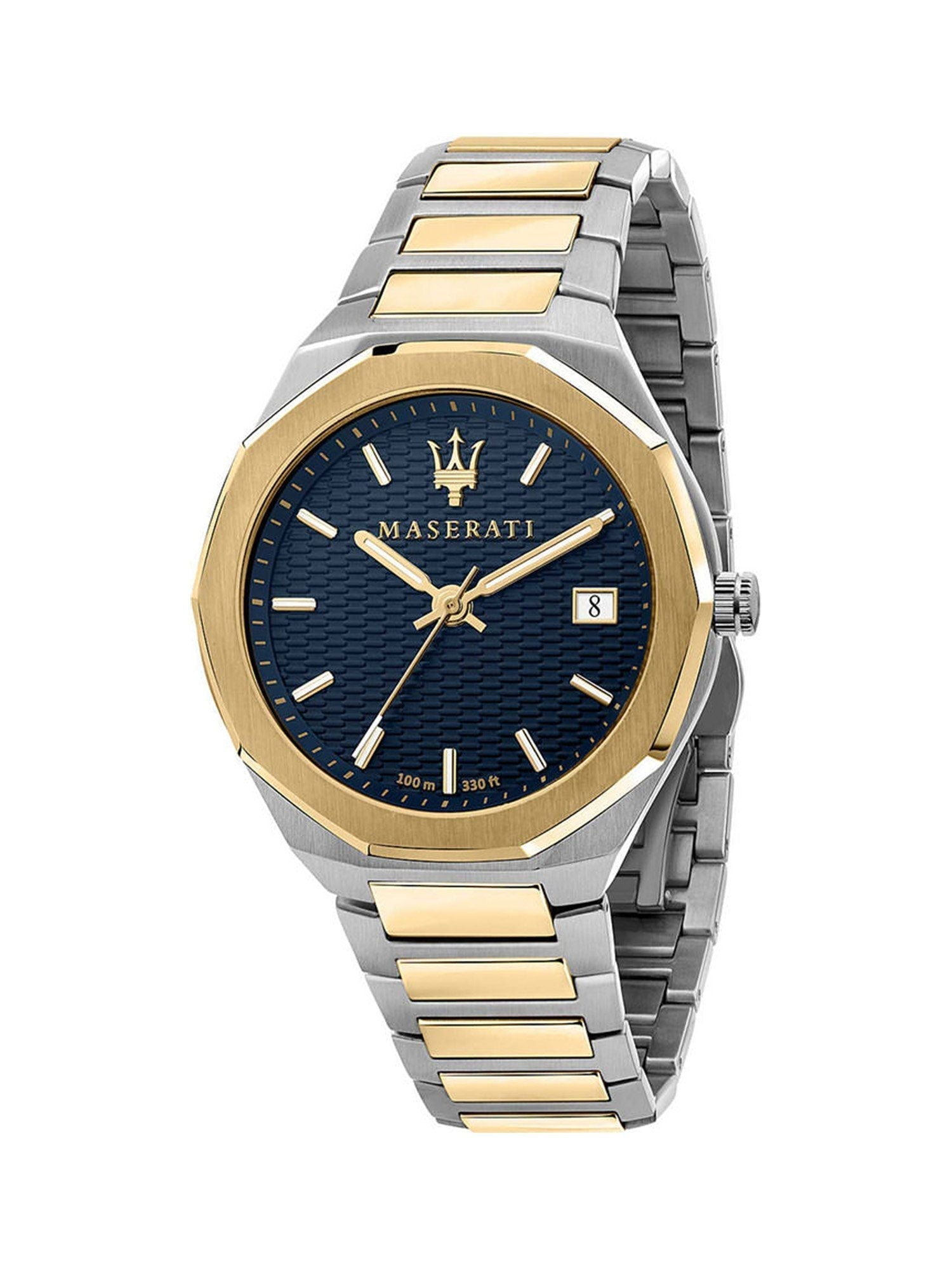 Maserati Stile two-tone men's watch with blue dial, gold bezel, and mixed metal bracelet