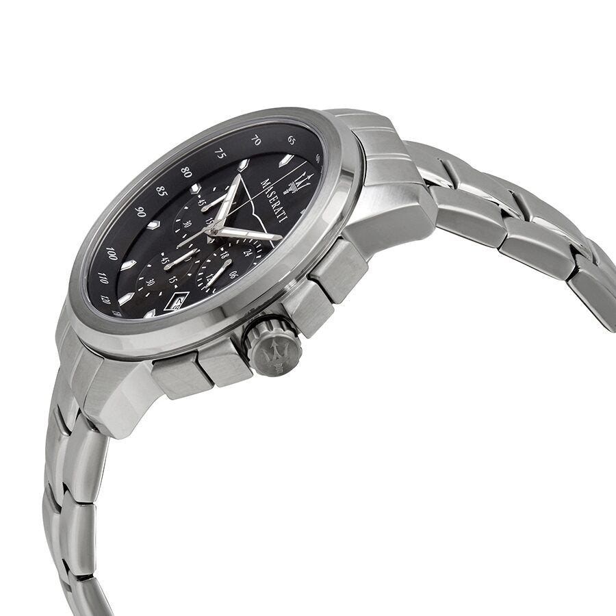 Maserati Successo chronograph side view showing stainless steel case and bracelet