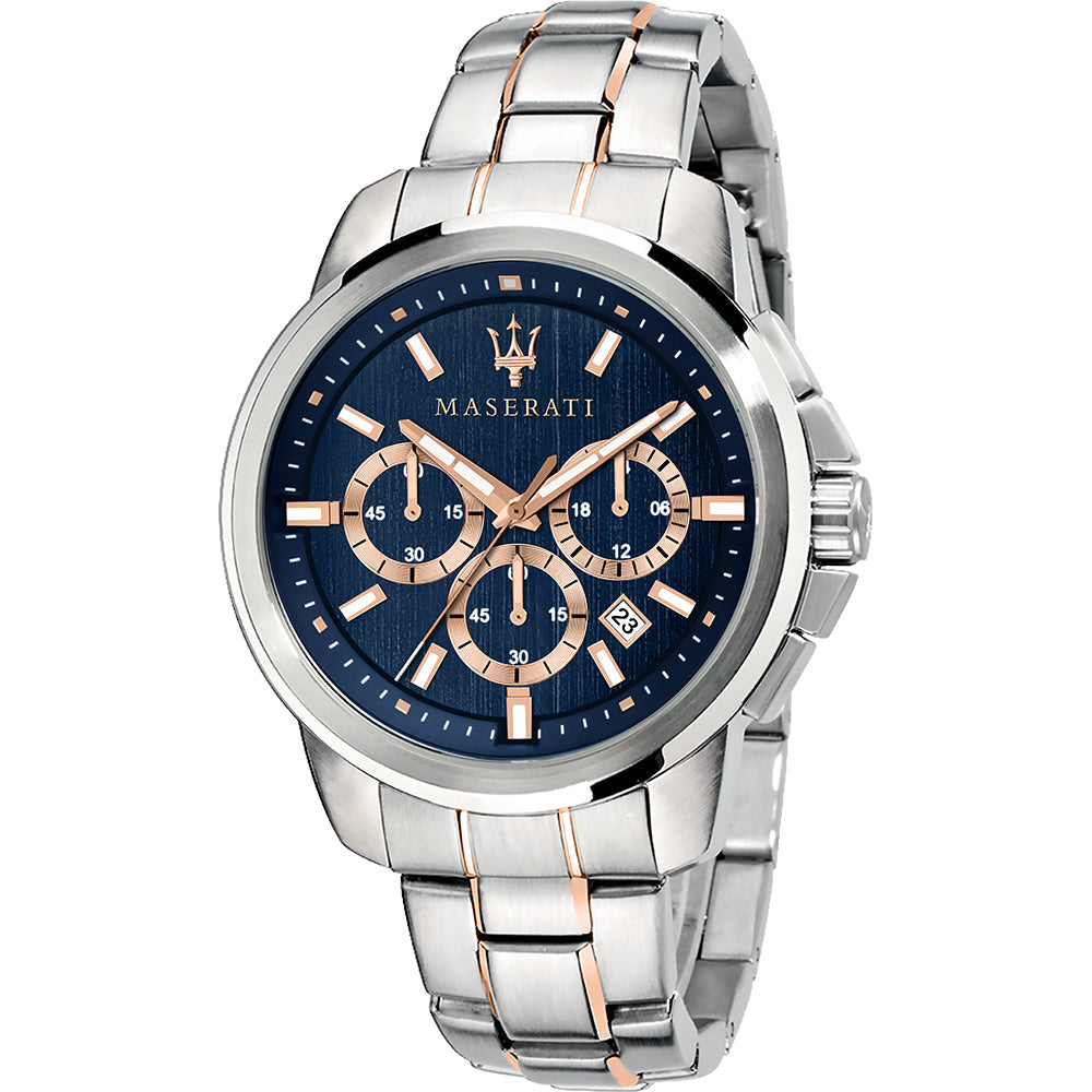 Maserati Successo chronograph quartz watch with blue dial, rose gold subdials, and two-tone steel bracelet
