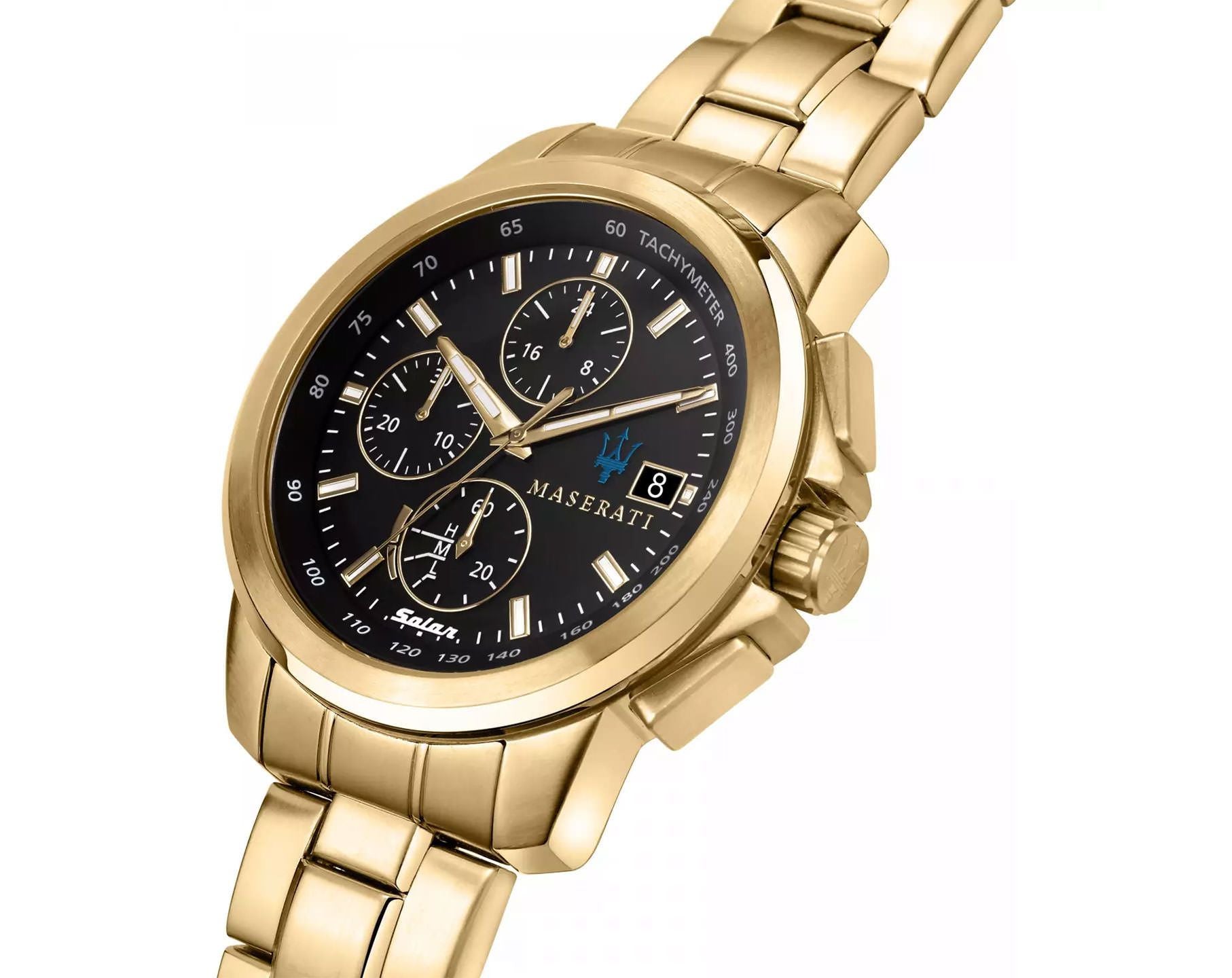 Maserati Successo chronograph watch angled view showing black dial and gold case