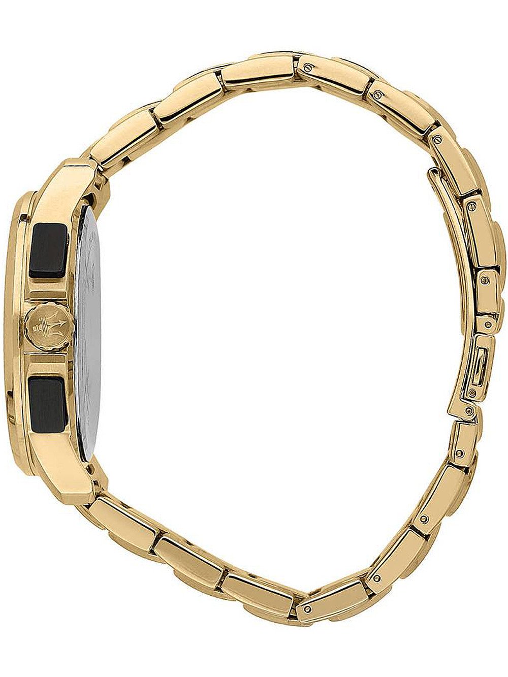 Maserati Successo watch side view displaying gold bracelet and black chronograph pushers