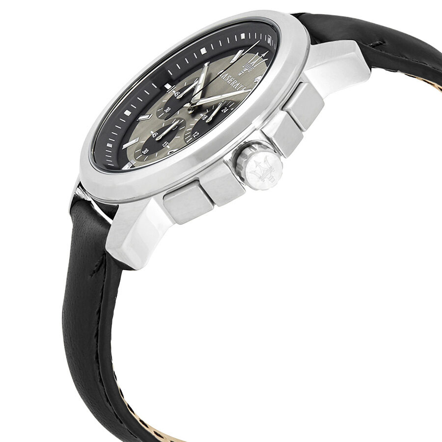 Maserati Successo chronograph side view showing stainless steel case and black leather strap