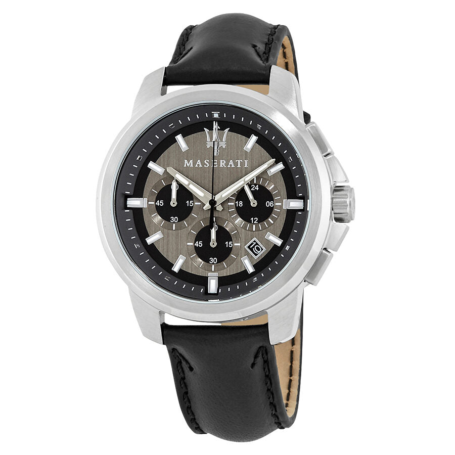 Maserati Successo chronograph men's watch with stainless steel case and black leather strap
