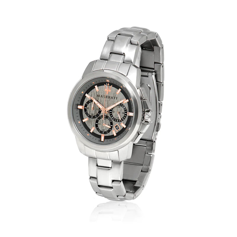 Maserati Successo chronograph watch at angle showing grey dial with rose gold accents and subdials