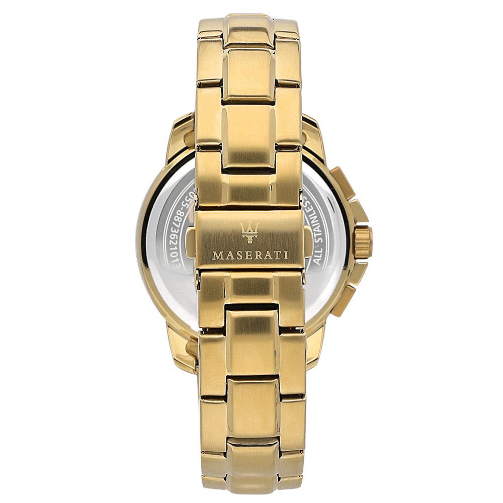 Watch caseback displaying Maserati branding and transparent exhibition back