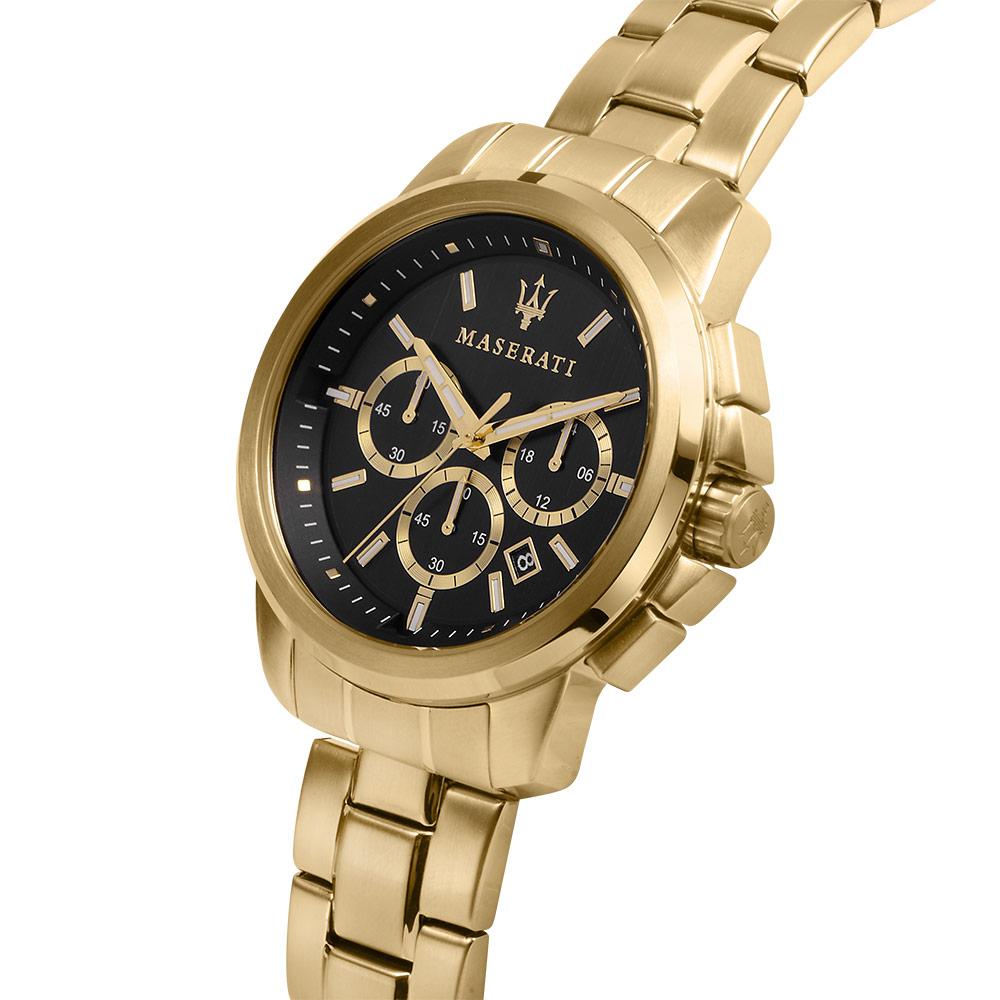 Maserati Successo chronograph watch on wrist showing black dial and gold bracelet