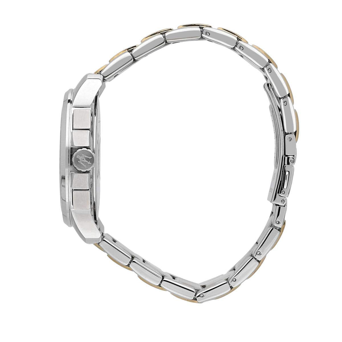 Maserati Successo watch side profile displaying two-tone stainless steel bracelet with crown detail
