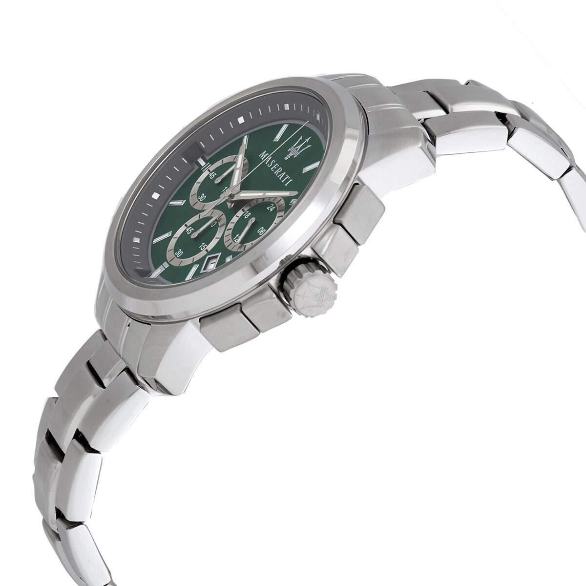 Maserati Successo chronograph watch at angle showing green dial and steel bracelet