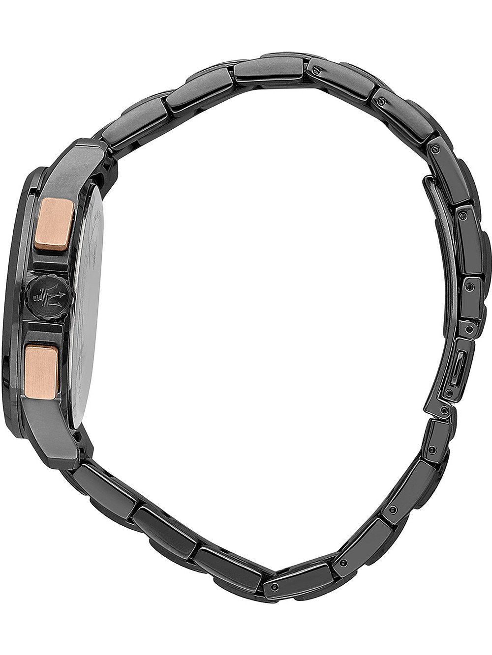 Maserati Successo watch side view of stainless steel bracelet and pushers