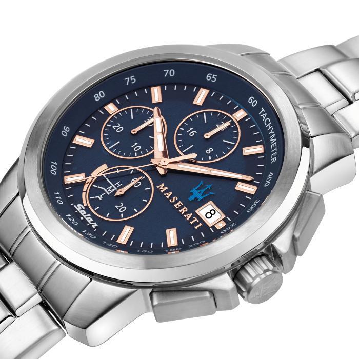 Maserati Successo watch angle view showing blue dial with three chronograph sub-dials