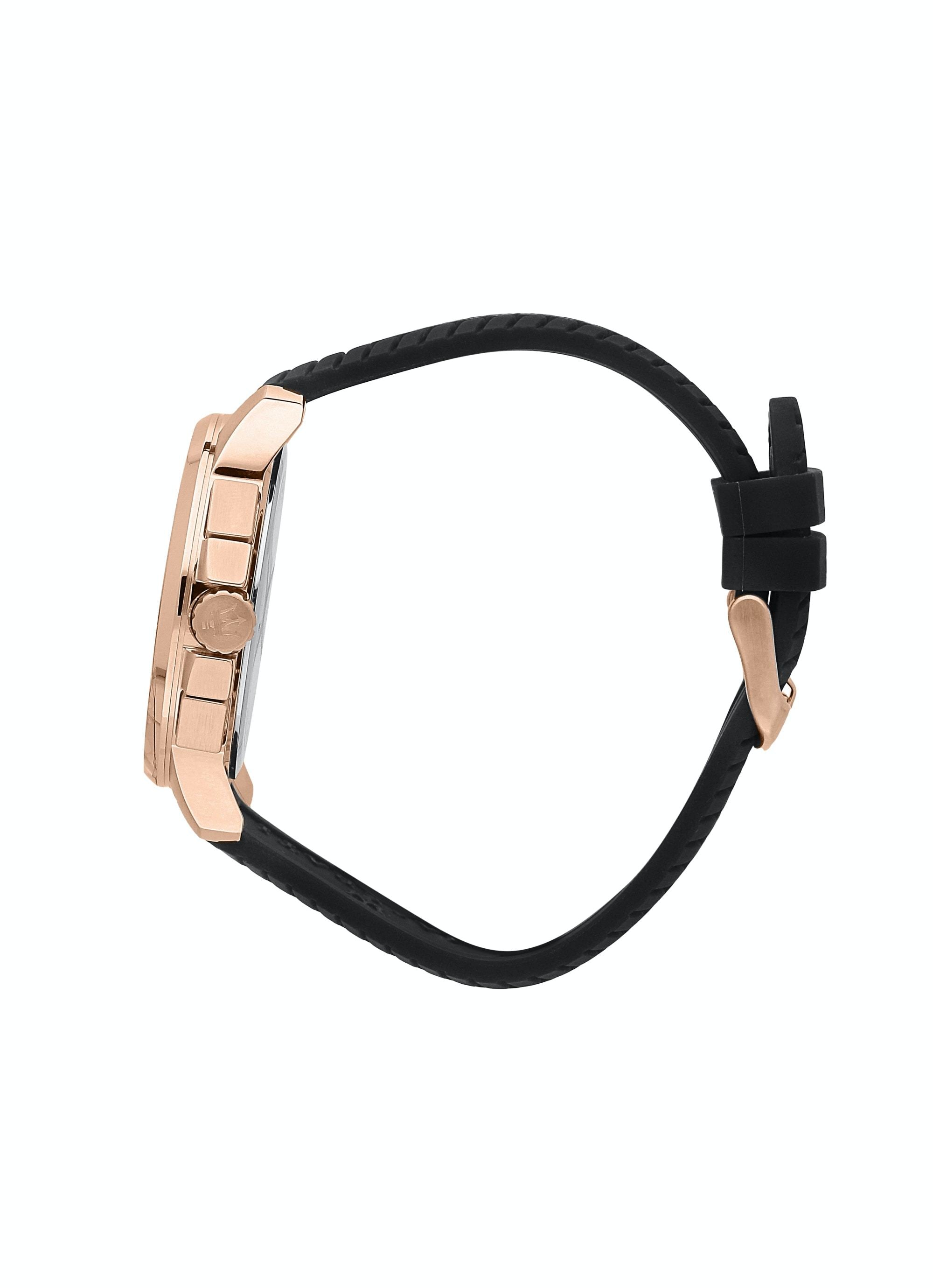 Maserati Successo rose gold watch with black rubber strap, side view