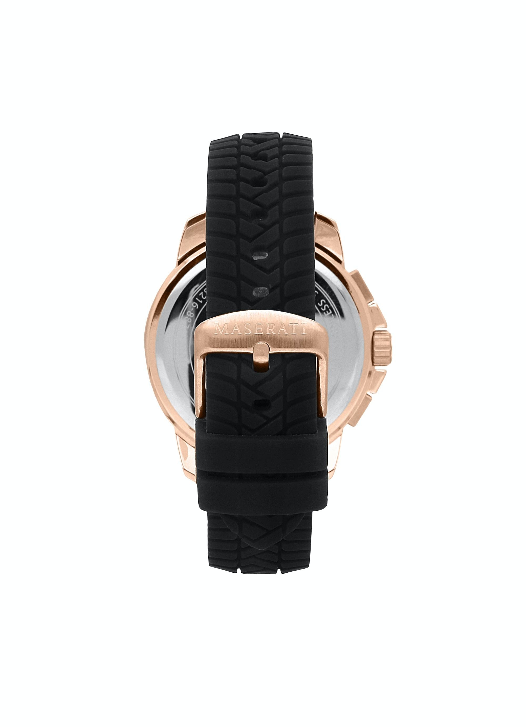 Maserati Successo caseback showing rose gold PVD case and black rubber strap