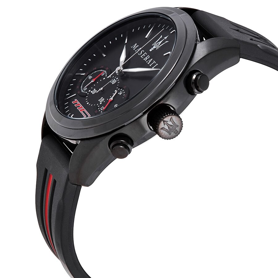 Maserati Traguardo chronograph watch shown at side angle, displaying black case, chronograph pushers, and rubber strap