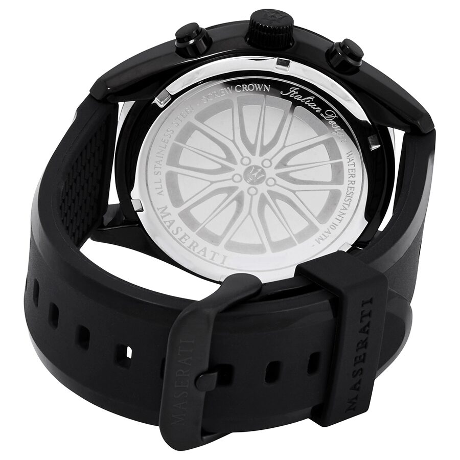 Maserati Traguardo watch caseback showing transparent exhibition case with wheel design and Maserati branding