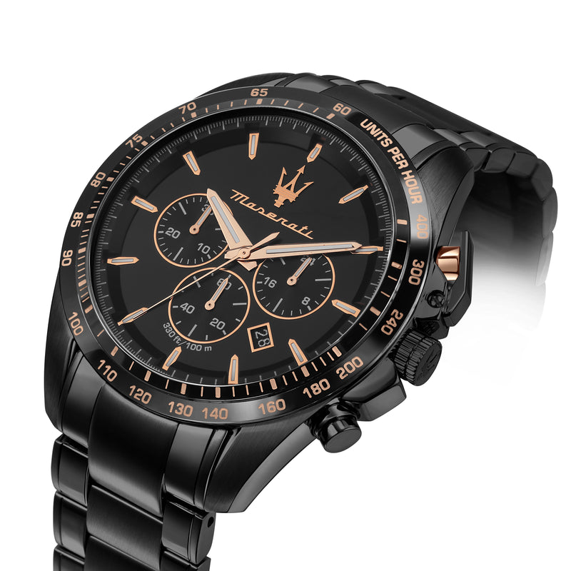 Maserati Traguardo chronograph watch at angle showing black case and three sub-dials