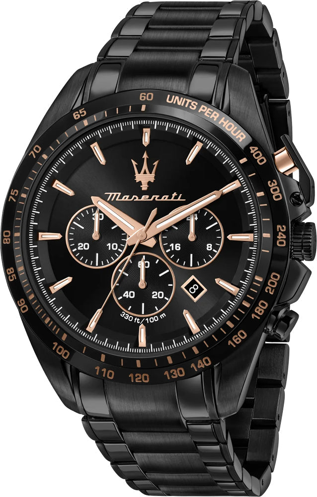Maserati Traguardo chronograph men's watch with black dial and rose gold hour markers