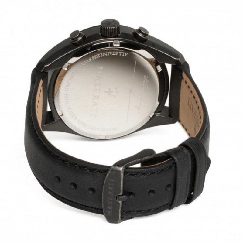 Maserati Traguardo watch caseback showing stainless steel with model engraving