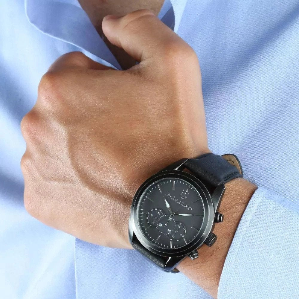 Maserati Traguardo chronograph watch worn on wrist with black leather strap