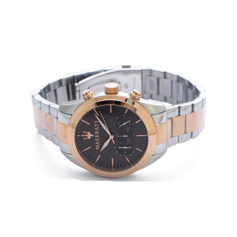 Angled view of Maserati Traguardo chronograph with brown dial and mixed metal bracelet