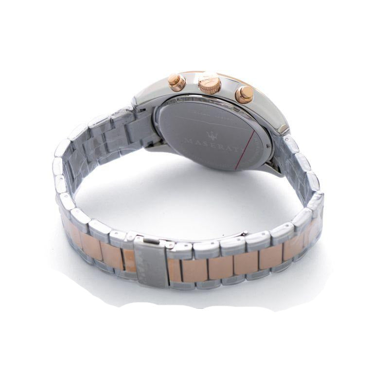 Back view of Maserati Traguardo watch displaying the caseback with rose gold and steel bracelet