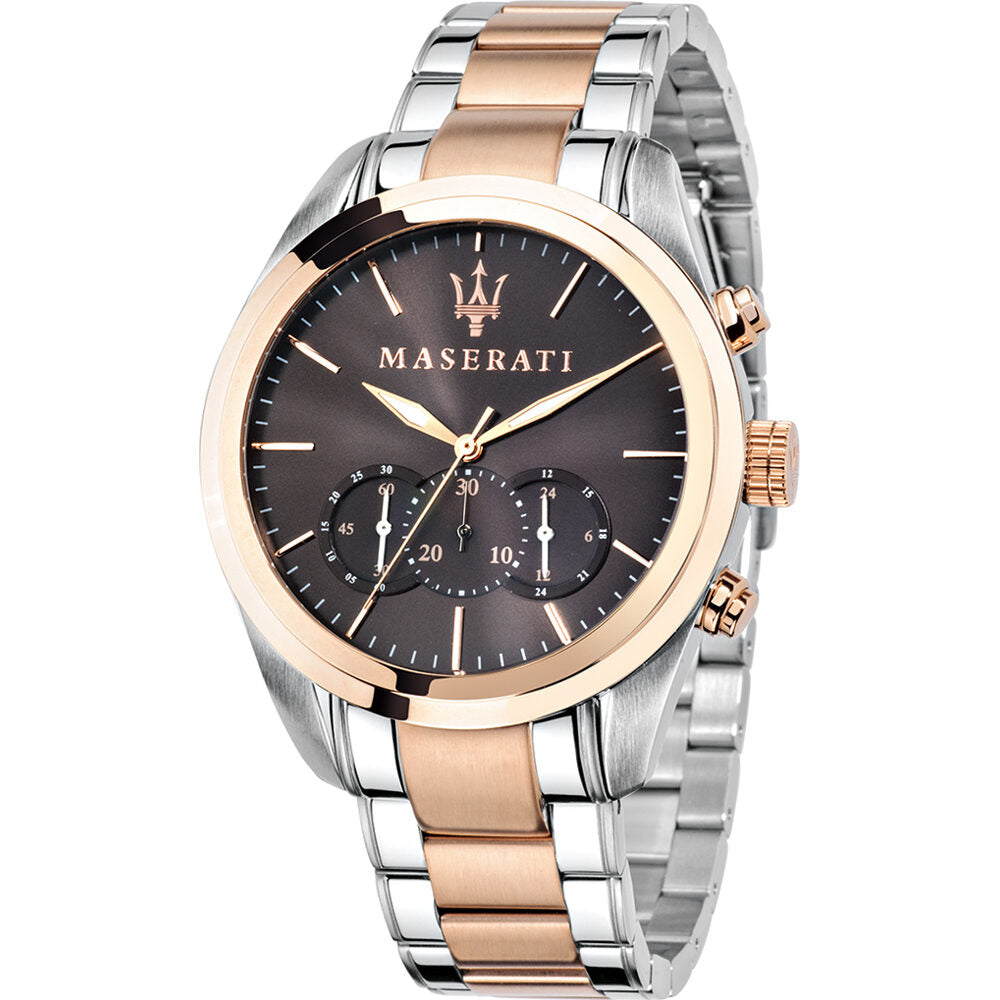 Maserati Traguardo chronograph watch with brown dial, rose gold bezel and two-tone bracelet