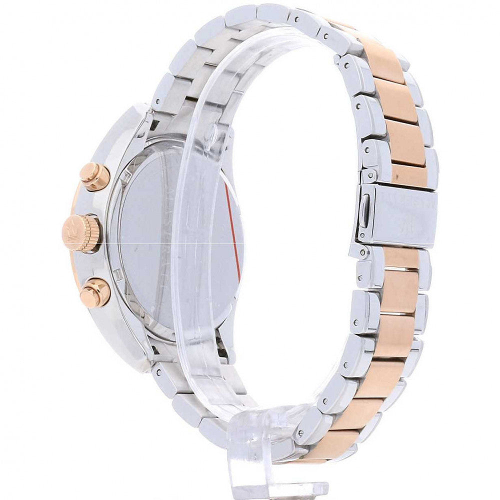 Side profile of Maserati Traguardo watch showing rose gold and stainless steel two-tone bracelet