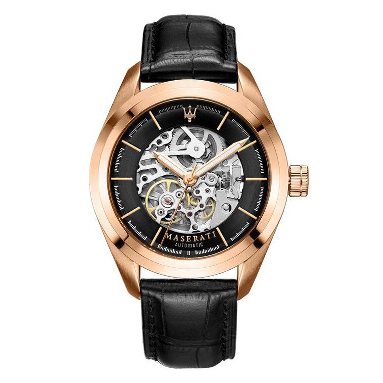 Maserati Traguardo automatic watch with visible skeleton mechanism and black leather strap