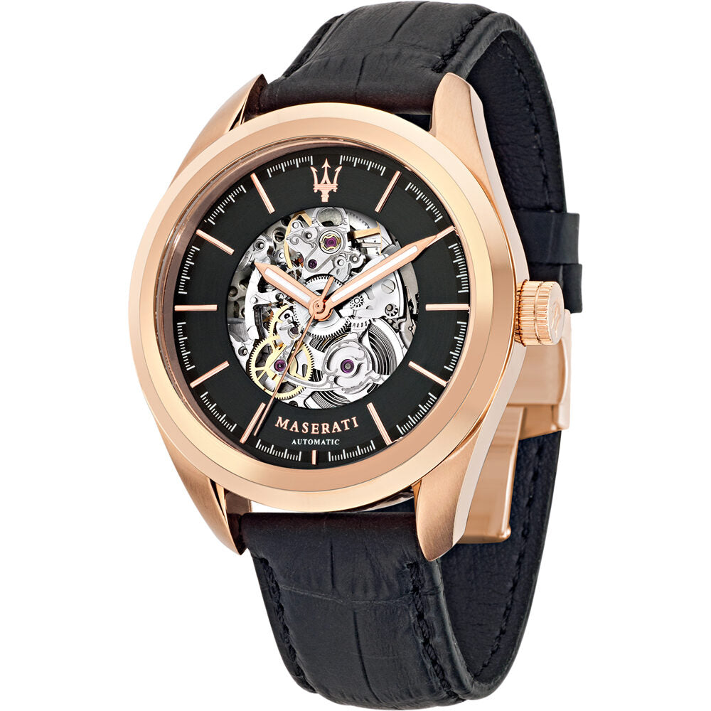 Maserati Traguardo automatic men's watch with rose gold case and black skeleton dial