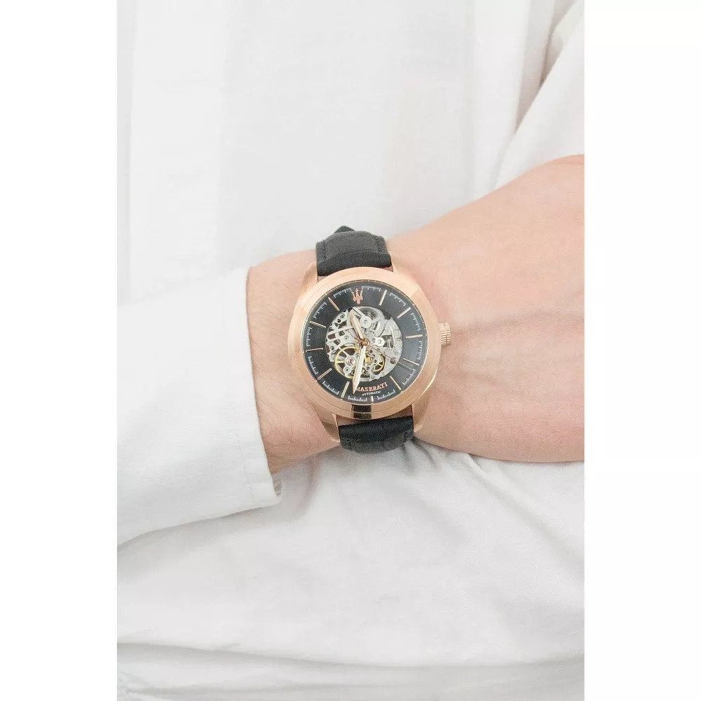 Maserati Traguardo automatic watch worn on wrist with white shirt