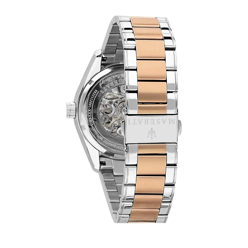 Caseback view of Maserati Traguardo showing visible automatic skeleton movement through transparent case