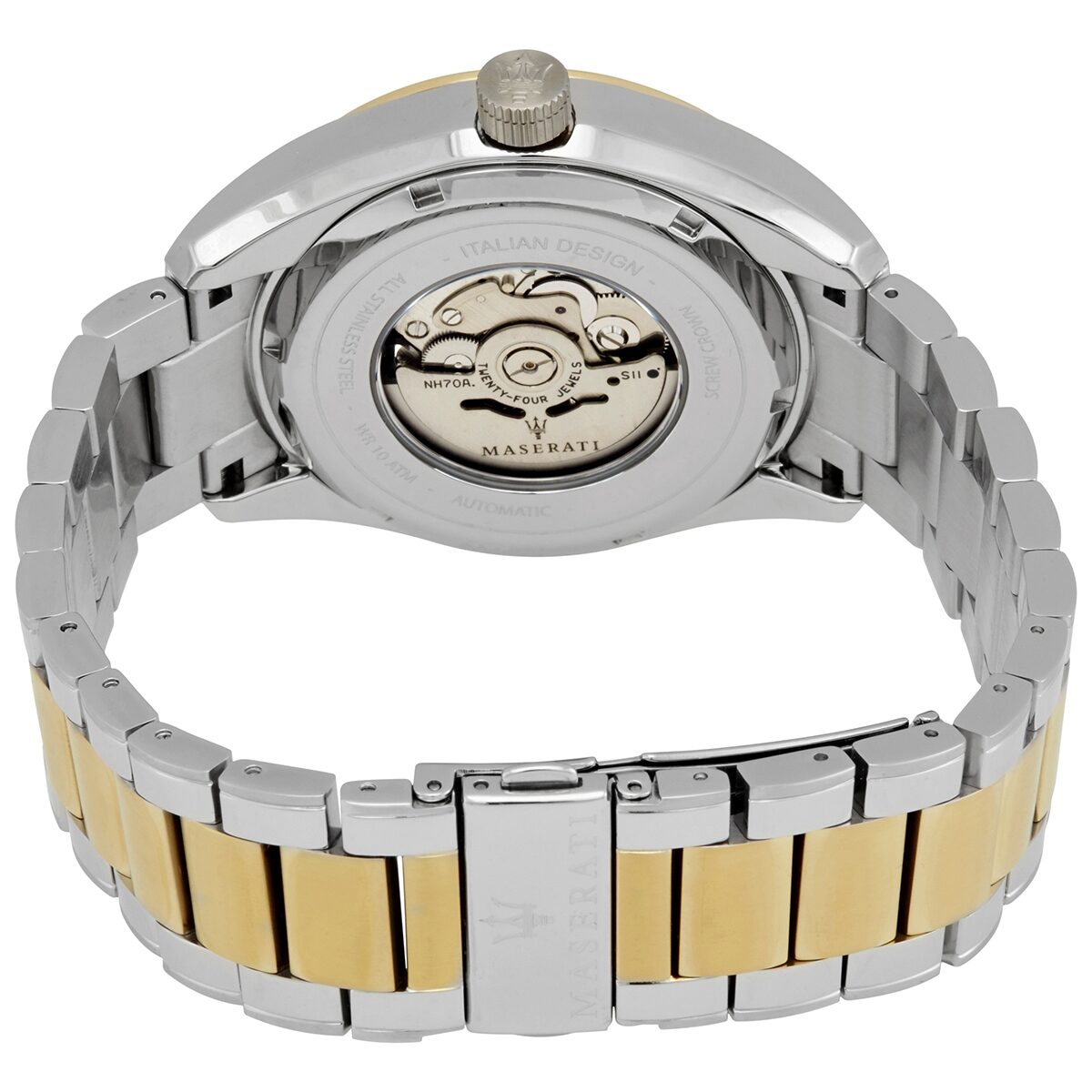 Maserati Traguardo caseback showing automatic movement and two-tone bracelet