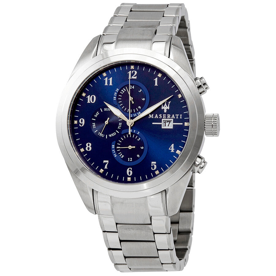 Maserati Traguardo chronograph watch with blue dial and stainless steel bracelet