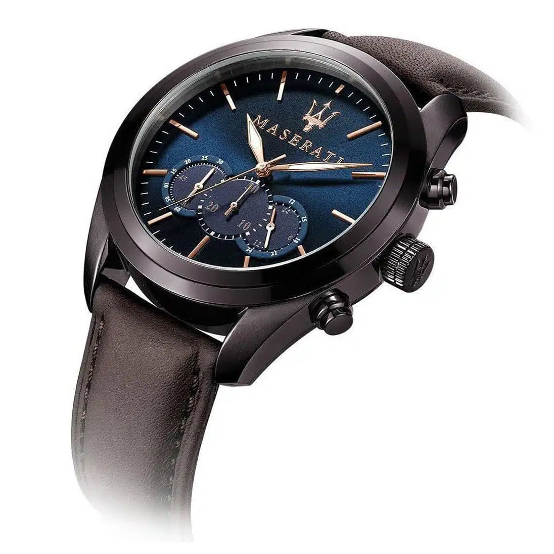 Maserati Traguardo chronograph watch angled view with blue dial and dark leather strap
