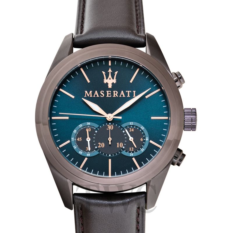 Maserati Traguardo watch dial detail showing chronograph subdials and rose gold hands