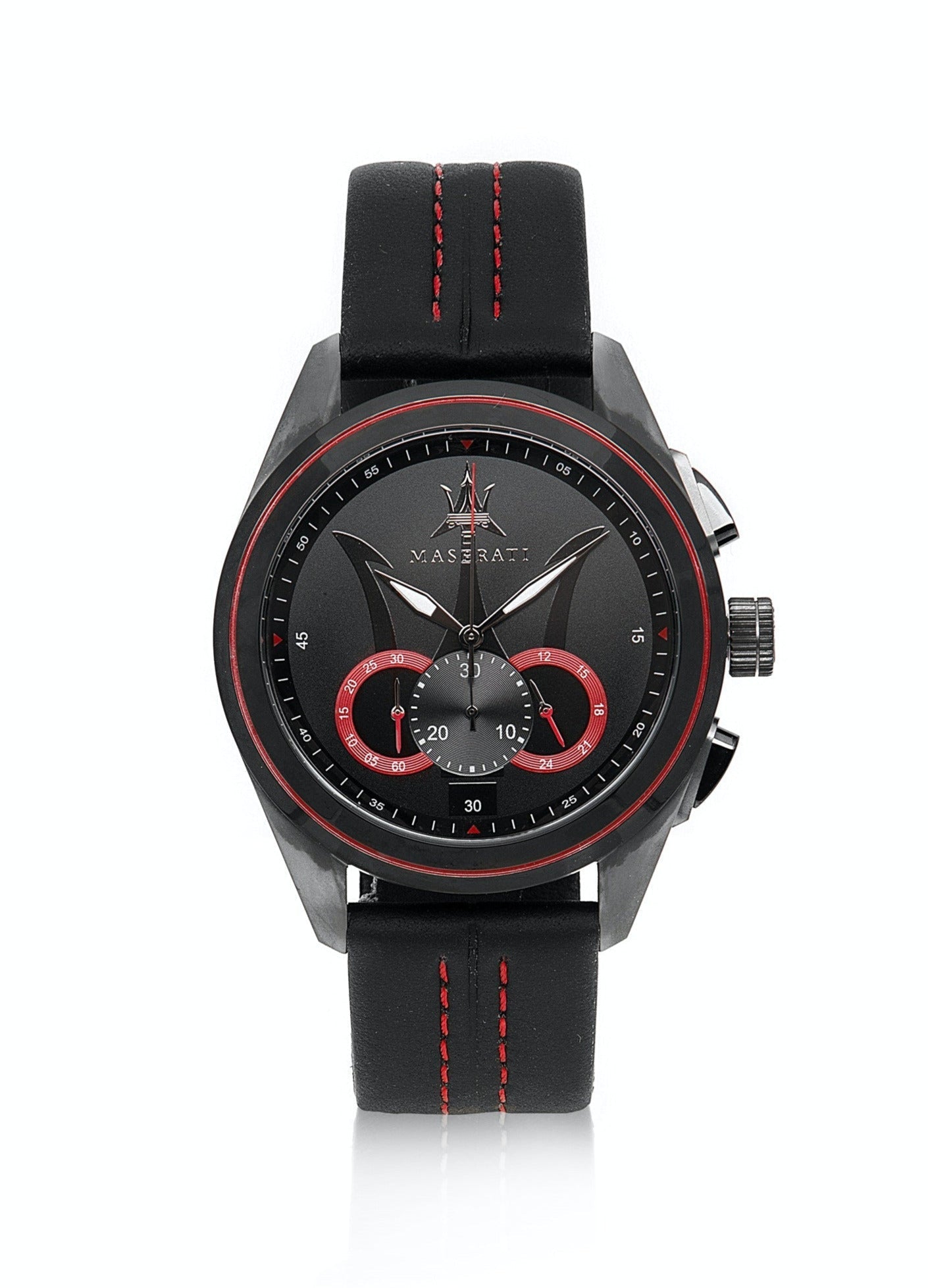 Maserati Traguardo chronograph front view with black dial and red chronograph counters