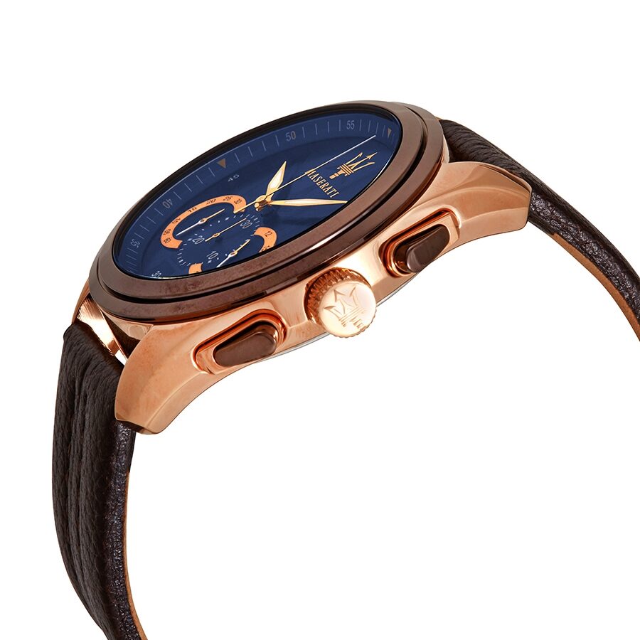 Side profile view of Maserati Traguardo chronograph with rose gold case and chronograph pushers