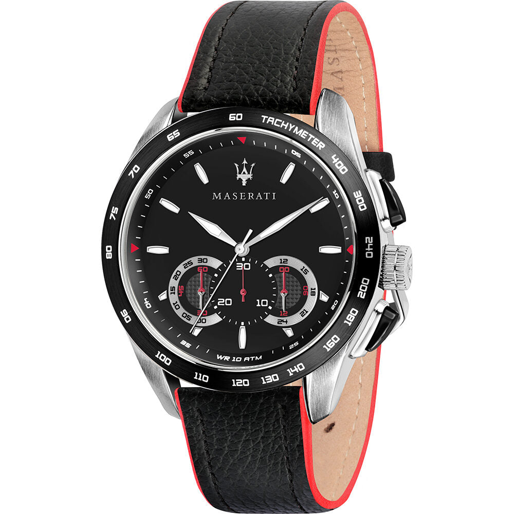 Maserati Traguardo chronograph men's watch with black dial and black leather red-trimmed strap