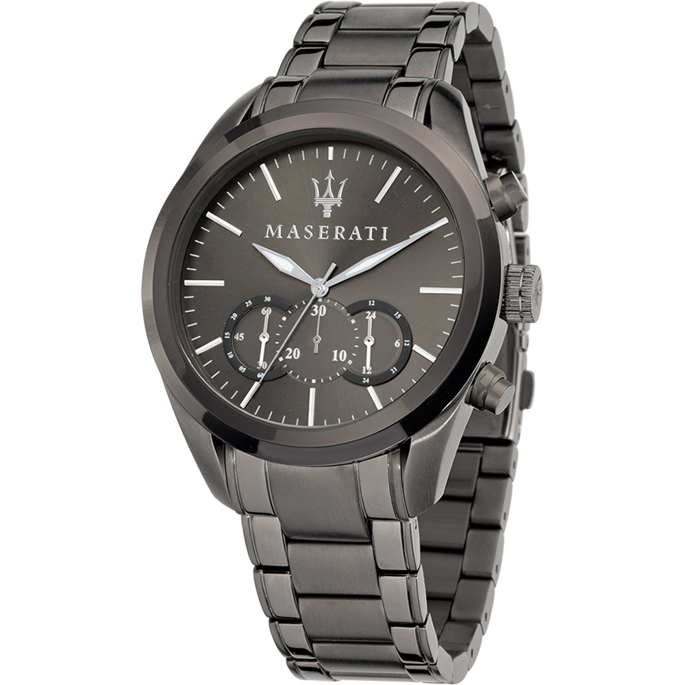 Maserati Traguardo chronograph watch with black dial and gunmetal steel bracelet