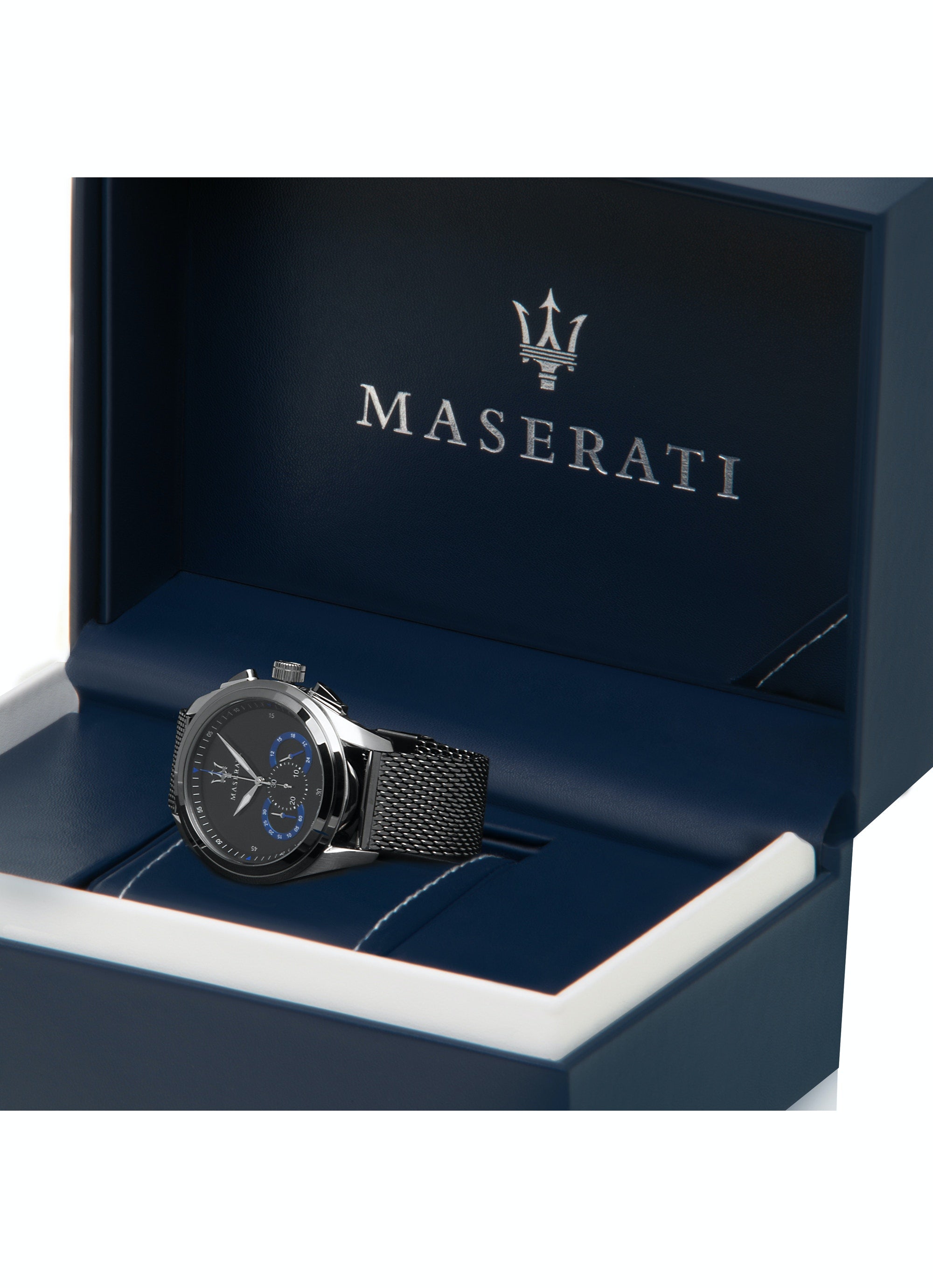 Maserati Traguardo chronograph watch in presentation box with navy interior